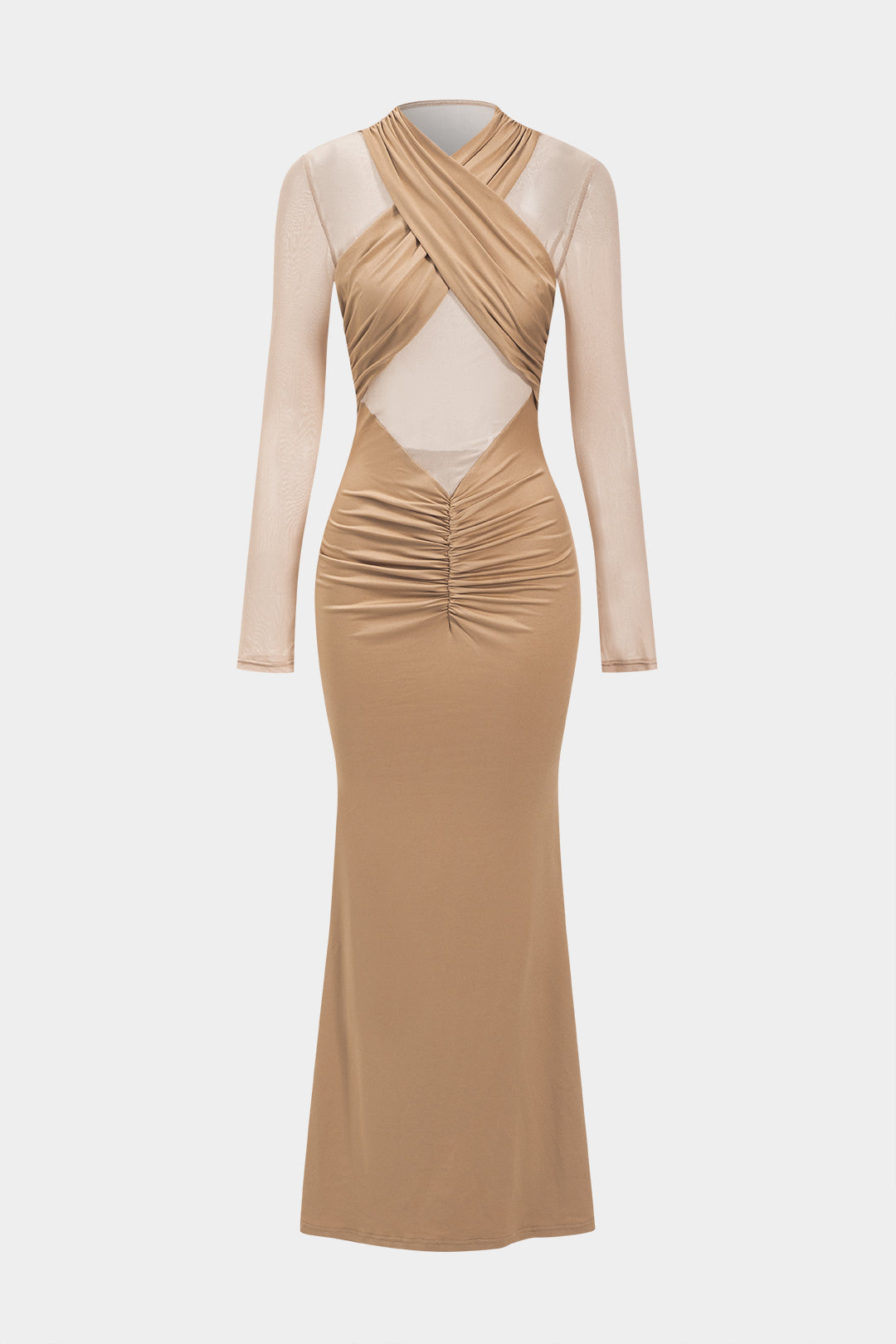 Gekruiste Mesh Doorzichtige V-Hals Lange Mouw Maxi Jurk