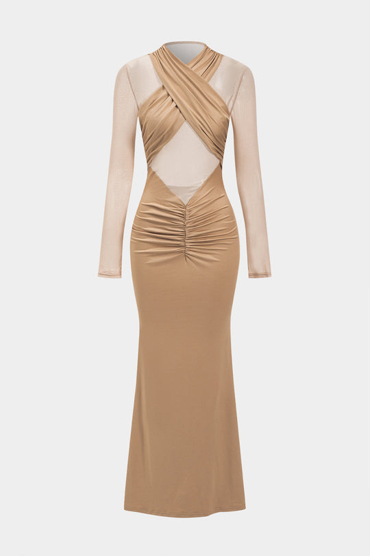 Gekruiste Mesh Doorzichtige V-Hals Lange Mouw Maxi Jurk