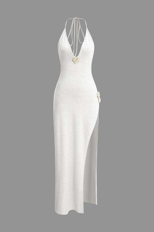 3D Bloem V-Hals Rugloos Split Maxi Jurk