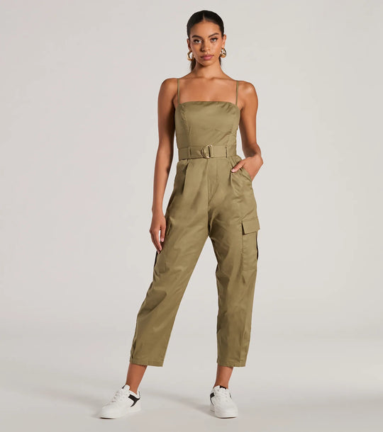 Social Outing Sleeveless Knotted Cargo Crop Jumpsuit