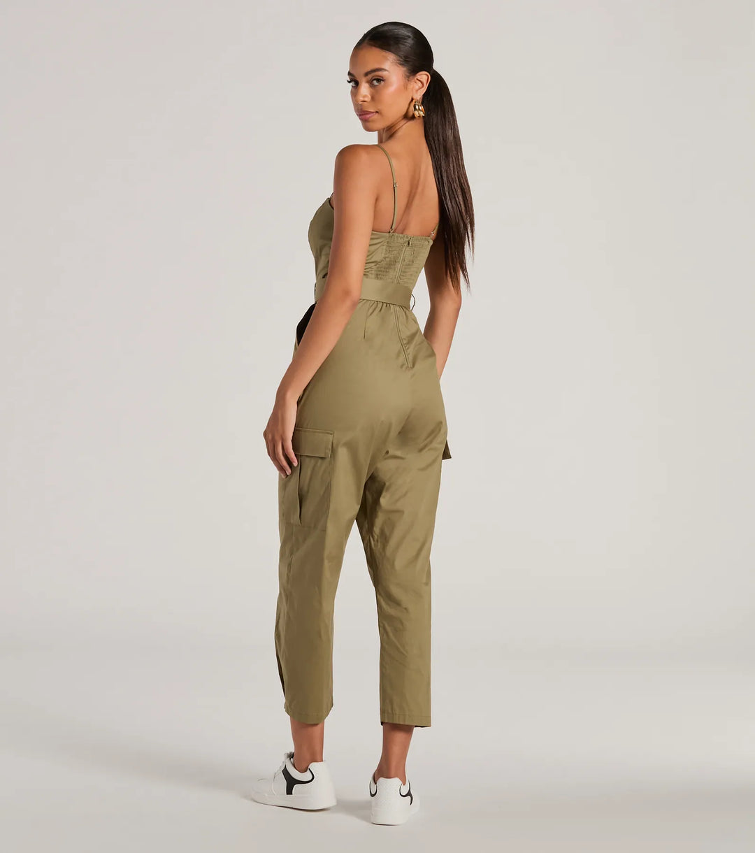 Social Outing Sleeveless Knotted Cargo Crop Jumpsuit