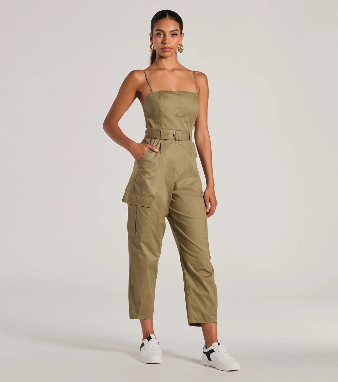 Social Outing Sleeveless Knotted Cargo Crop Jumpsuit