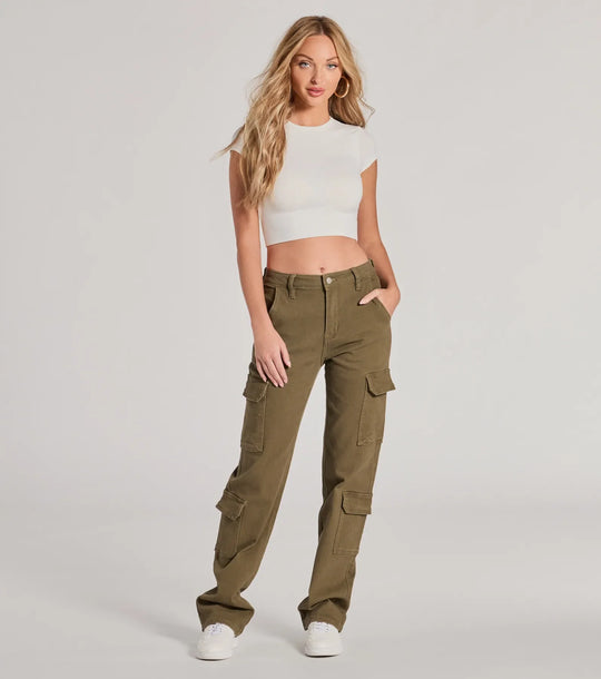 Casual ontmoet stijlvol hoge taille cargobroek met rechte pijpen