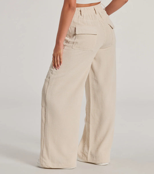 Essential High-Waist Corduroy Wide Cargo Pants