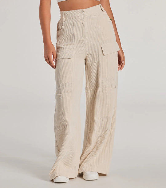 Essential High-Waist Corduroy Wide Cargo Pants