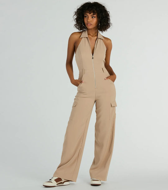 Schattig Reizend Halter Wijd-Pijpen Cargo Jumpsuit