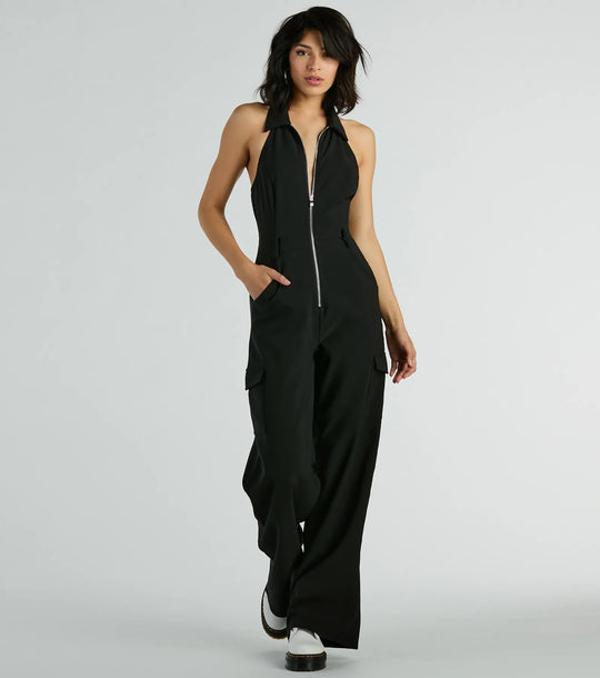 Trendsetting Babe Collar Zip-Front Cargo Jumpsuit