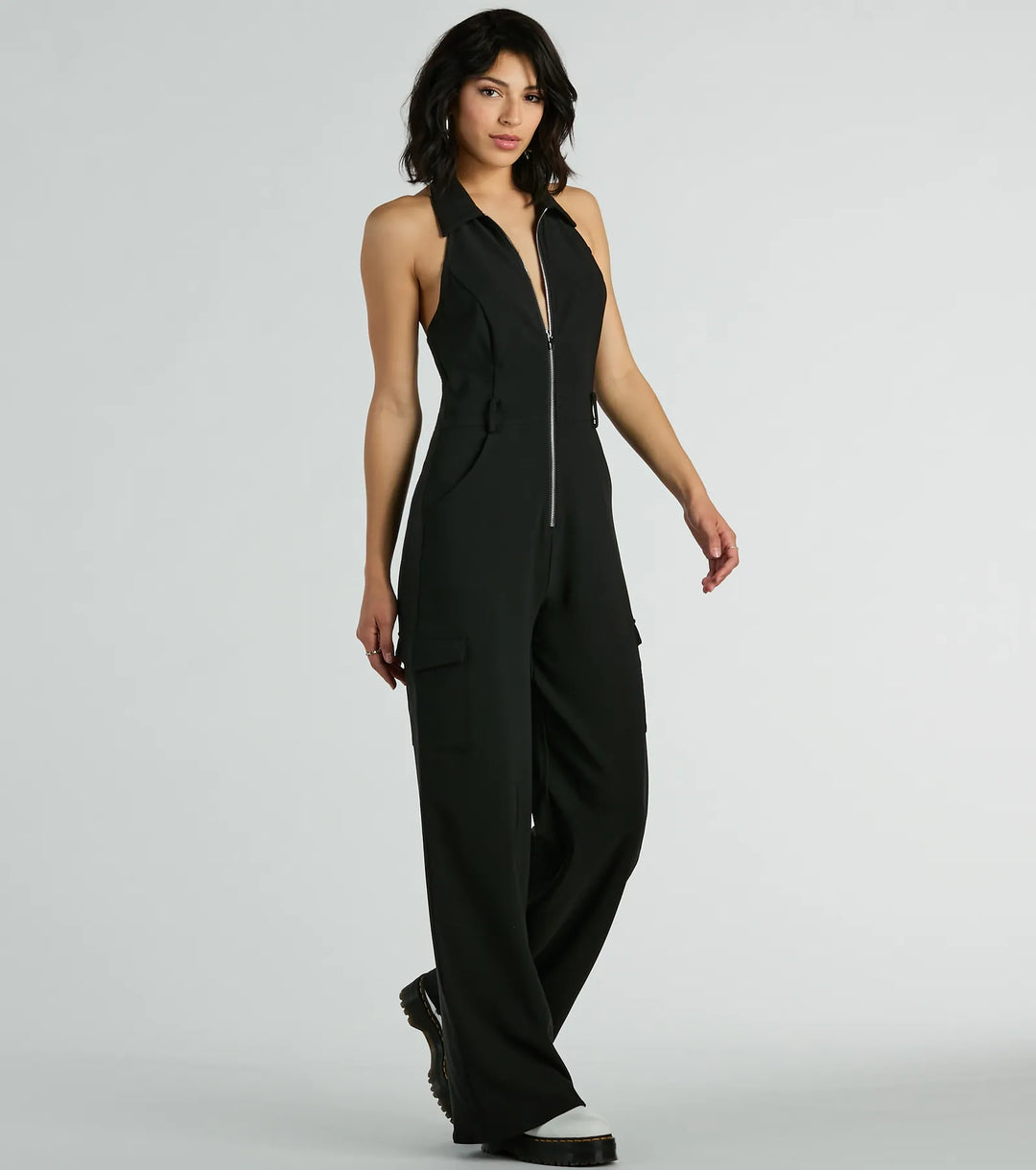Trendsetting Babe Collar Zip-Front Cargo Jumpsuit