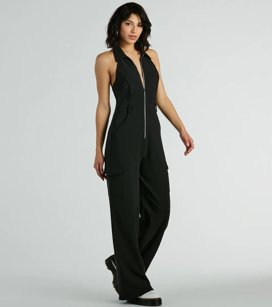Trendsetting Babe Collar Zip-Front Cargo Jumpsuit
