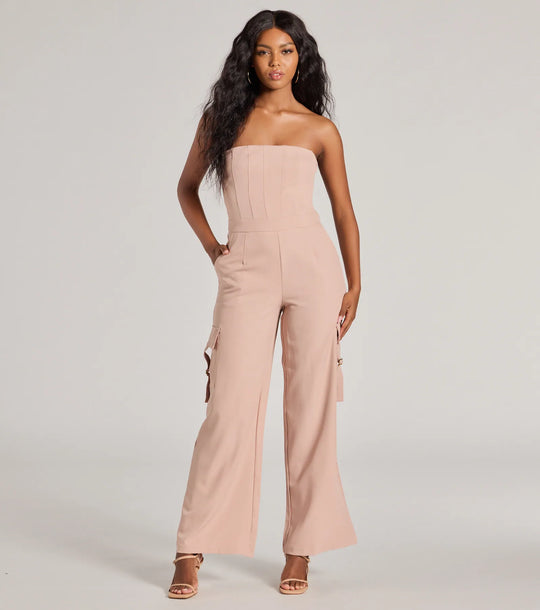 Casual and Chic Vibe Strapless Cargo Jumpsuit