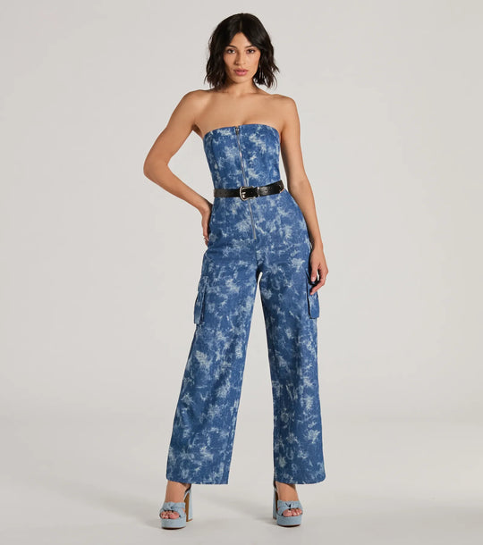 Goede Vibes Strapless Tie-Dye Wijde Pijpen Cargo Jumpsuit
