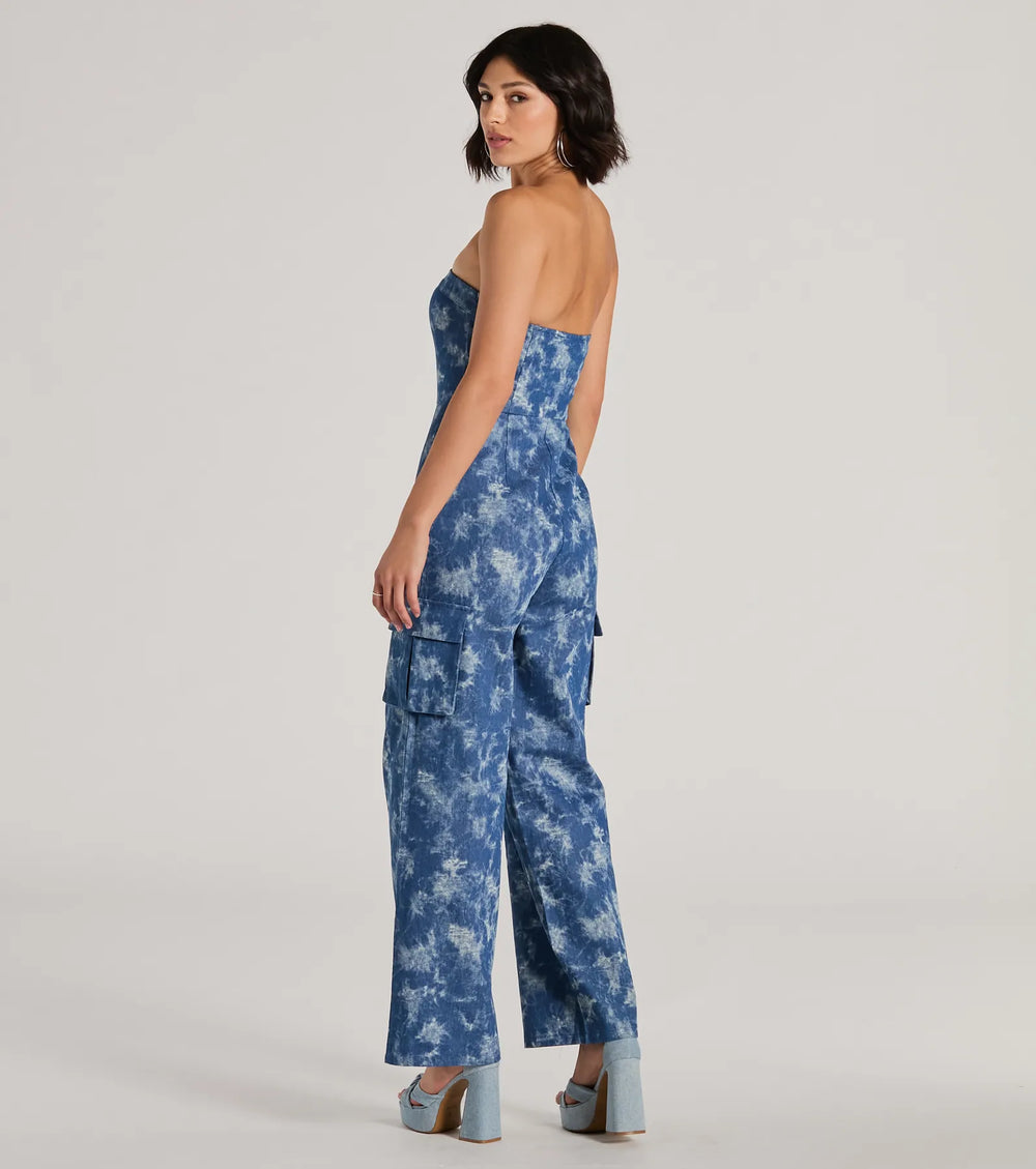 Good Vibes Strapless Tie-Dye Wide Leg Cargo Jumpsuit