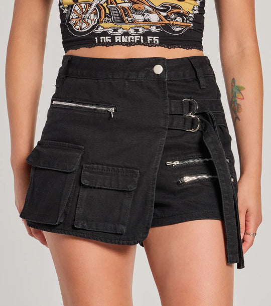 Coolste Deets Wrap-Front Denim Cargo Skort