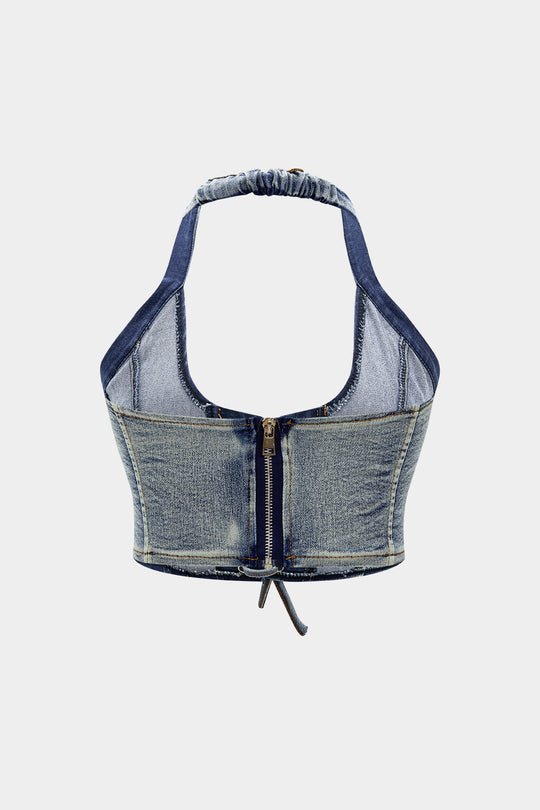 Denim Halter Top with Bow Detail and Mini Skirt Set
