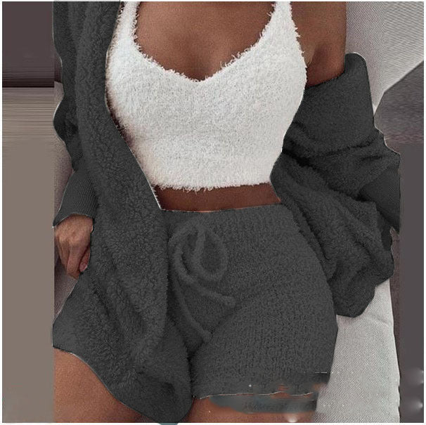 Women's 3-Piece Knitted Set | Hooded Cardigan | Top &amp; Shorts