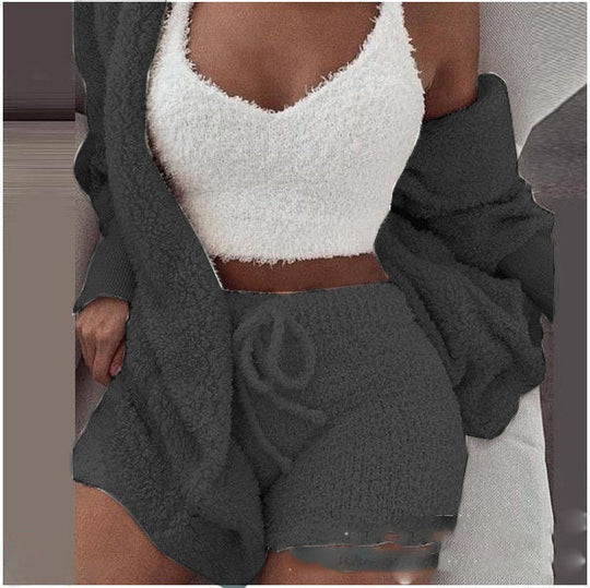 Women's 3-Piece Knitted Set | Hooded Cardigan | Top &amp; Shorts