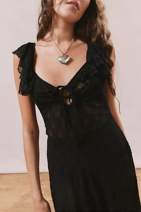 Kanten Asymmetrische Midi Jurk met Strik