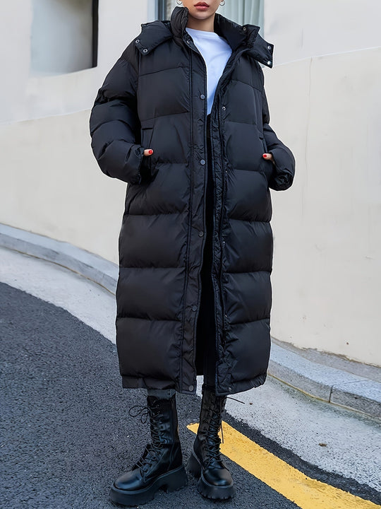 Women's Long Black Puffer Jacket | Hooded with a Fully Quilted Design | Full Coverage Winter Coat