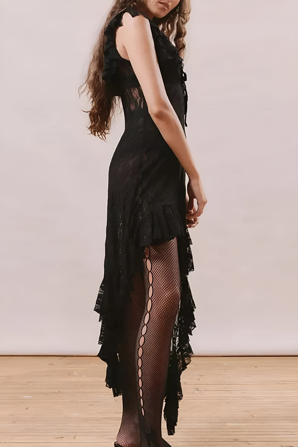 Lace Asymmetric Midi Dress with Bow 