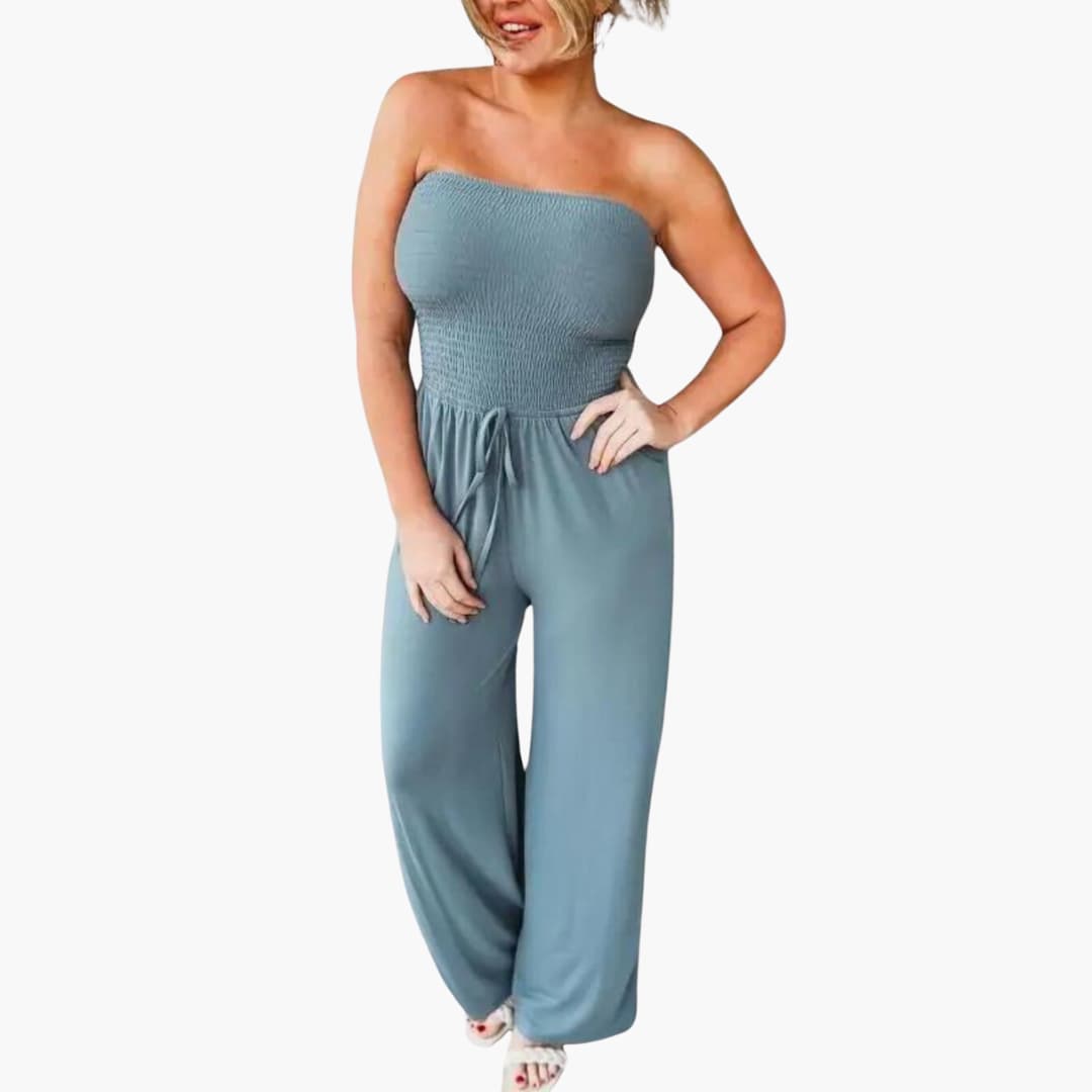 Dames Strapless Wijde Pijpen Jumpsuit met Gerimpelde Taille