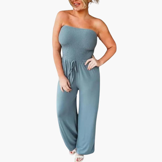 Dames Strapless Wijde Pijpen Jumpsuit met Gerimpelde Taille