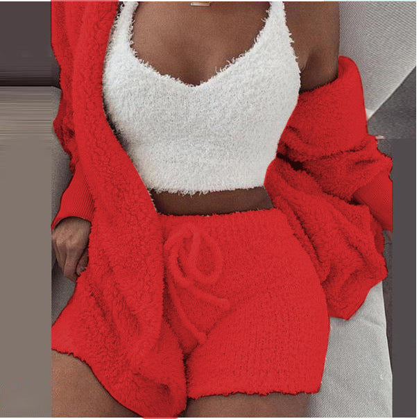 Women's 3-Piece Knitted Set | Hooded Cardigan | Top &amp; Shorts