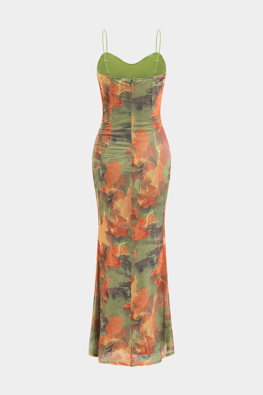 Tie Dye Print Ruched Tie Front Zipper Slip Maxi Dress