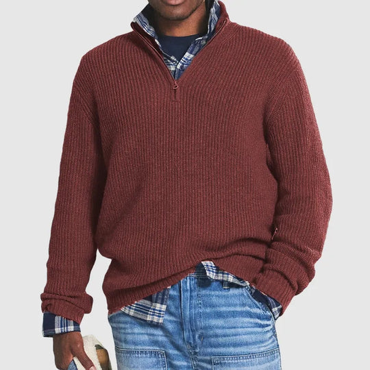 Men's Ribbed Knit Half Zip Sweater with Stand Collar and Long Sleeves