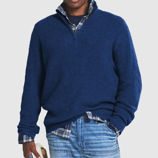 Men's Ribbed Knit Half Zip Sweater with Stand Collar and Long Sleeves