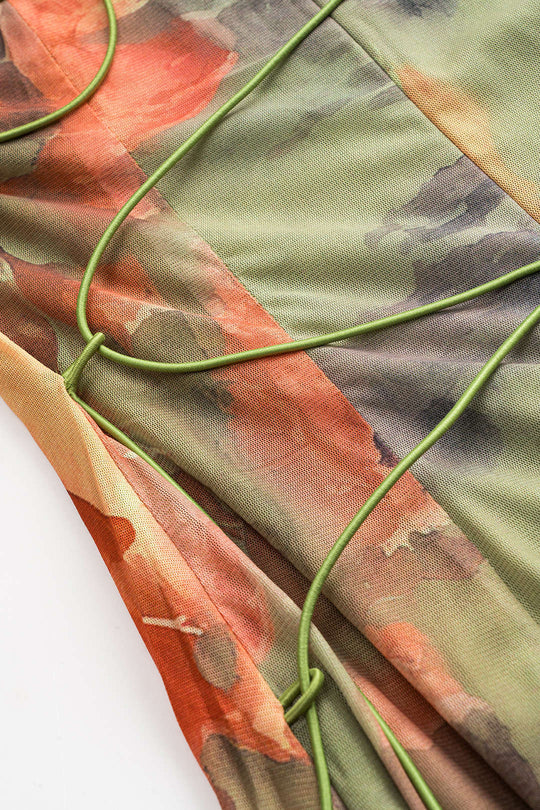 Tie Dye Print Ruched Tie Front Zipper Slip Maxi Dress