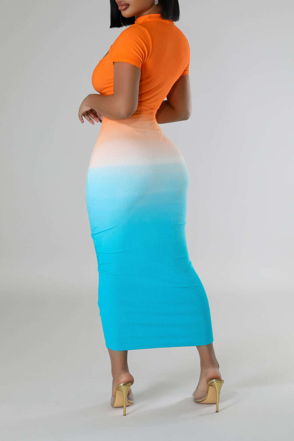 Ombre Print Round Neck Cut Out Short Sleeve Midi Dress 