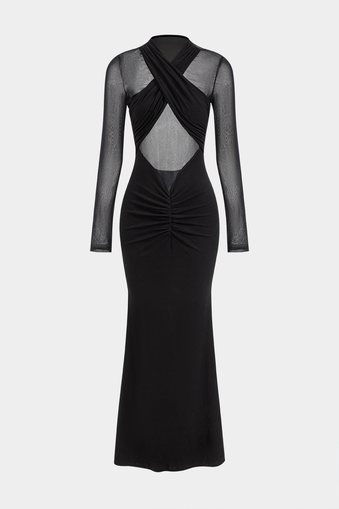 Gekruiste Mesh Doorzichtige V-Hals Lange Mouw Maxi Jurk