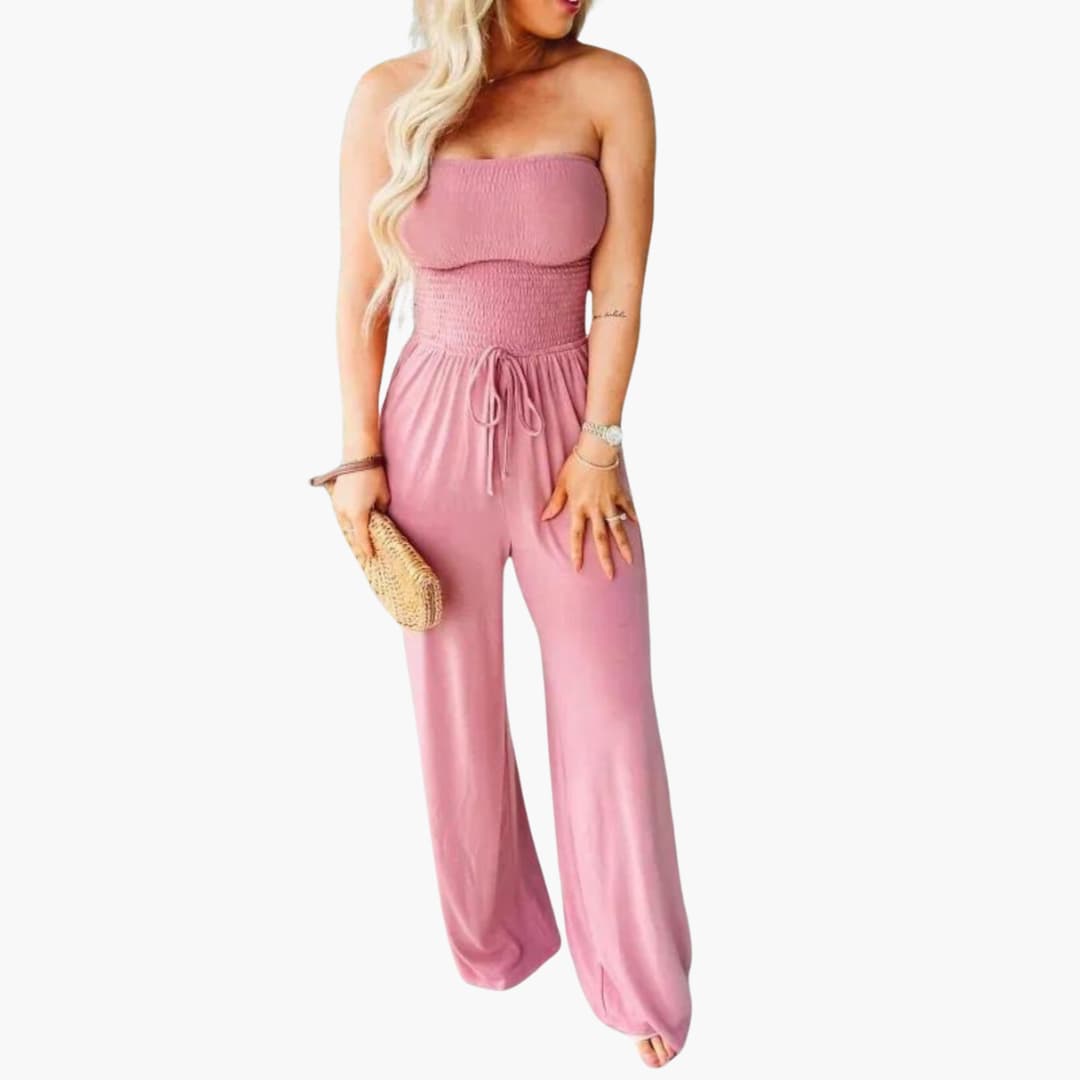 Dames Strapless Wijde Pijpen Jumpsuit met Gerimpelde Taille