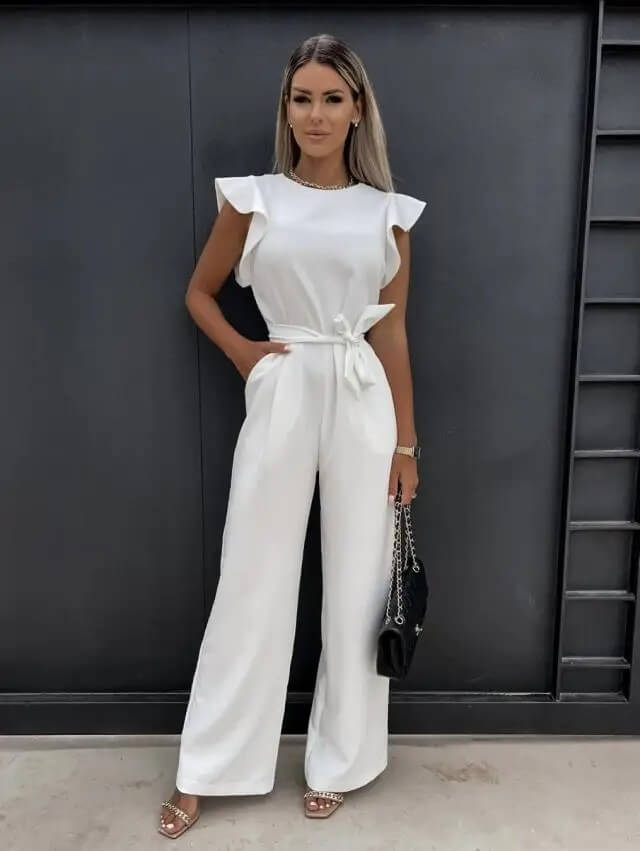 Elegante Dames Jumpsuit met Strikceintuur – Comfortabele Zomeroutfit met Volle Pijpen