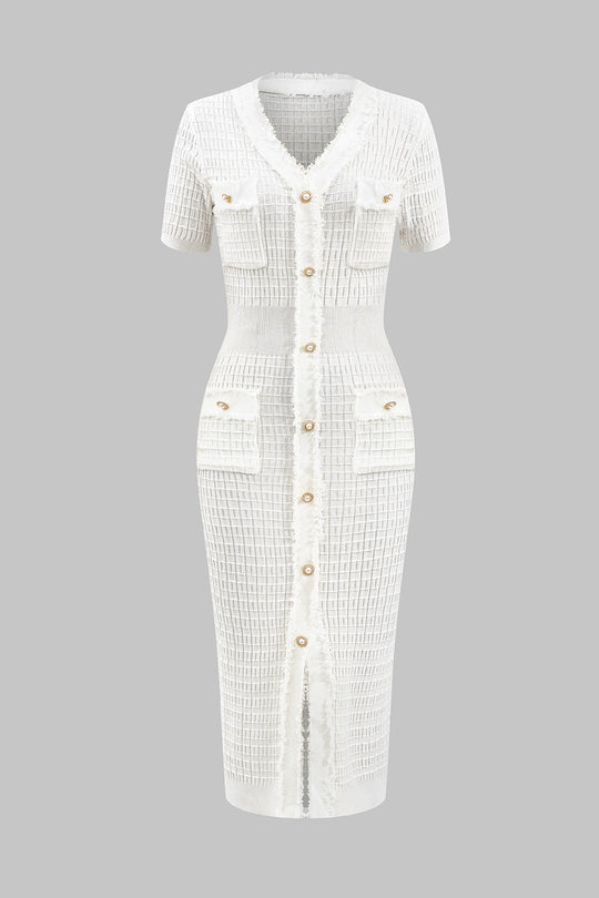 Gebreide V-hals Knop Korte Mouw Jurk