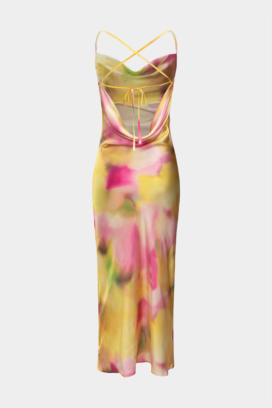 Satin Tie Dye Print Cowl Neck Tie-Up Backless Sleeveless Midi Dress 