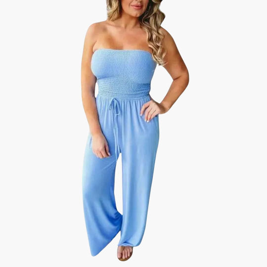Dames Strapless Wijde Pijpen Jumpsuit met Gerimpelde Taille
