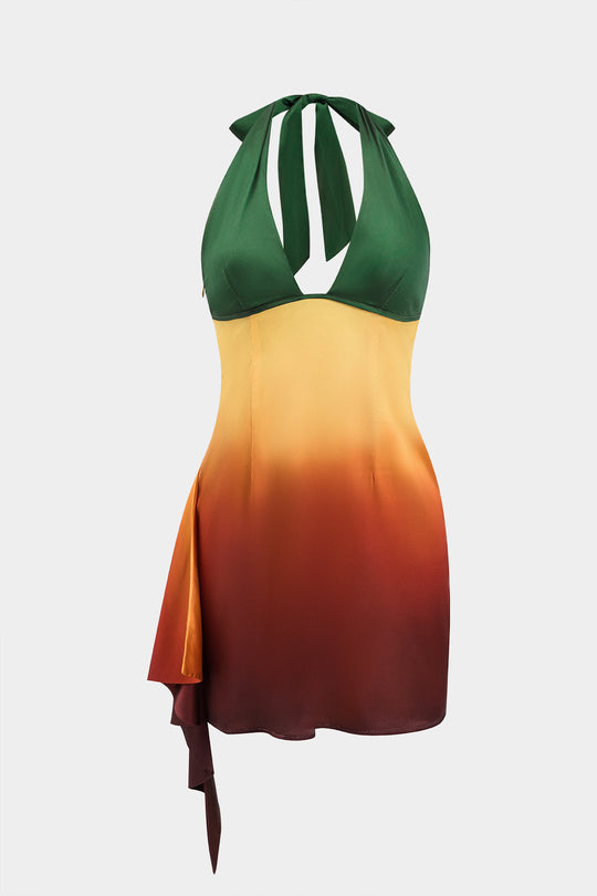 Ombre Print Satin Ruffle Tie Up Backless Mini Dress 