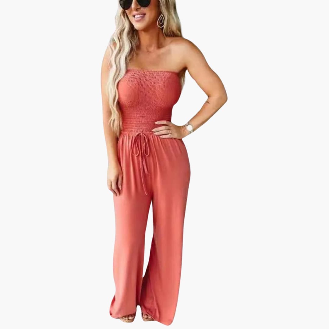 Dames Strapless Wijde Pijpen Jumpsuit met Gerimpelde Taille