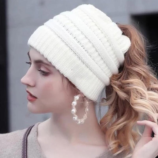Knitted Hat with Ponytail Opening | Ideal for the Cold Season
