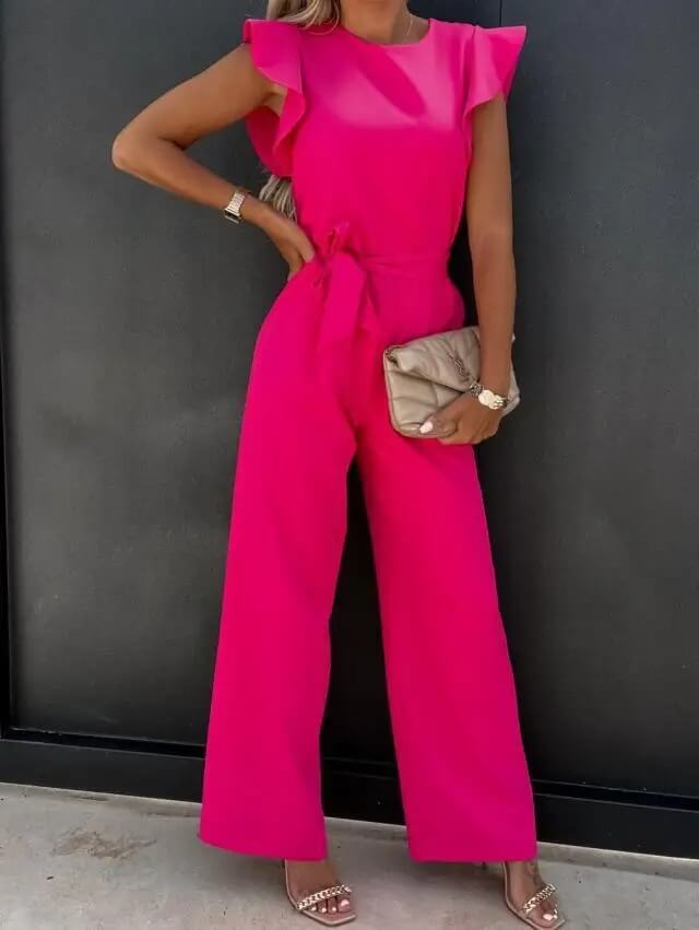 Elegante Dames Jumpsuit met Strikceintuur – Comfortabele Zomeroutfit met Volle Pijpen
