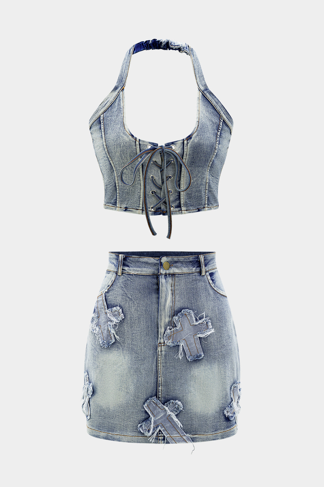 Denim Halter Top with Bow Detail and Mini Skirt Set