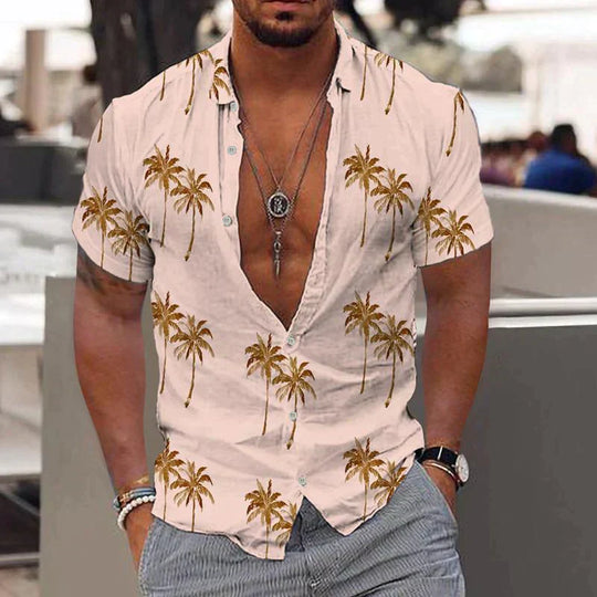 Short-Sleeved Palm-Painted Shirt with Button Closure for Men | Ideal for Summer