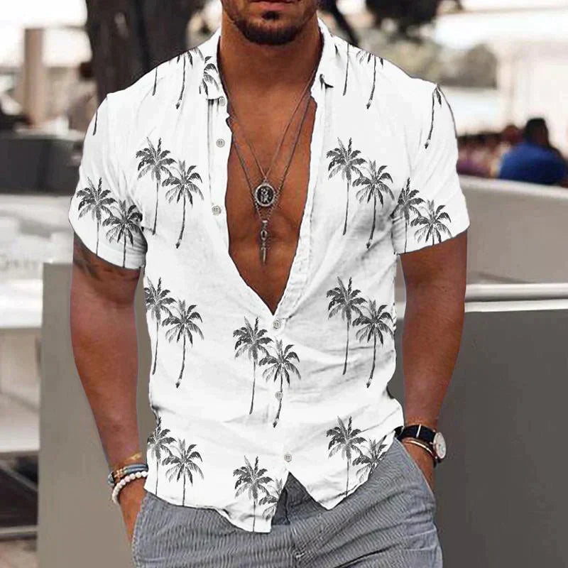 Short-Sleeved Palm-Painted Shirt with Button Closure for Men | Ideal for Summer