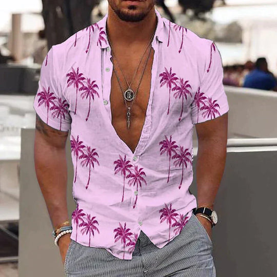 Short-Sleeved Palm-Painted Shirt with Button Closure for Men | Ideal for Summer