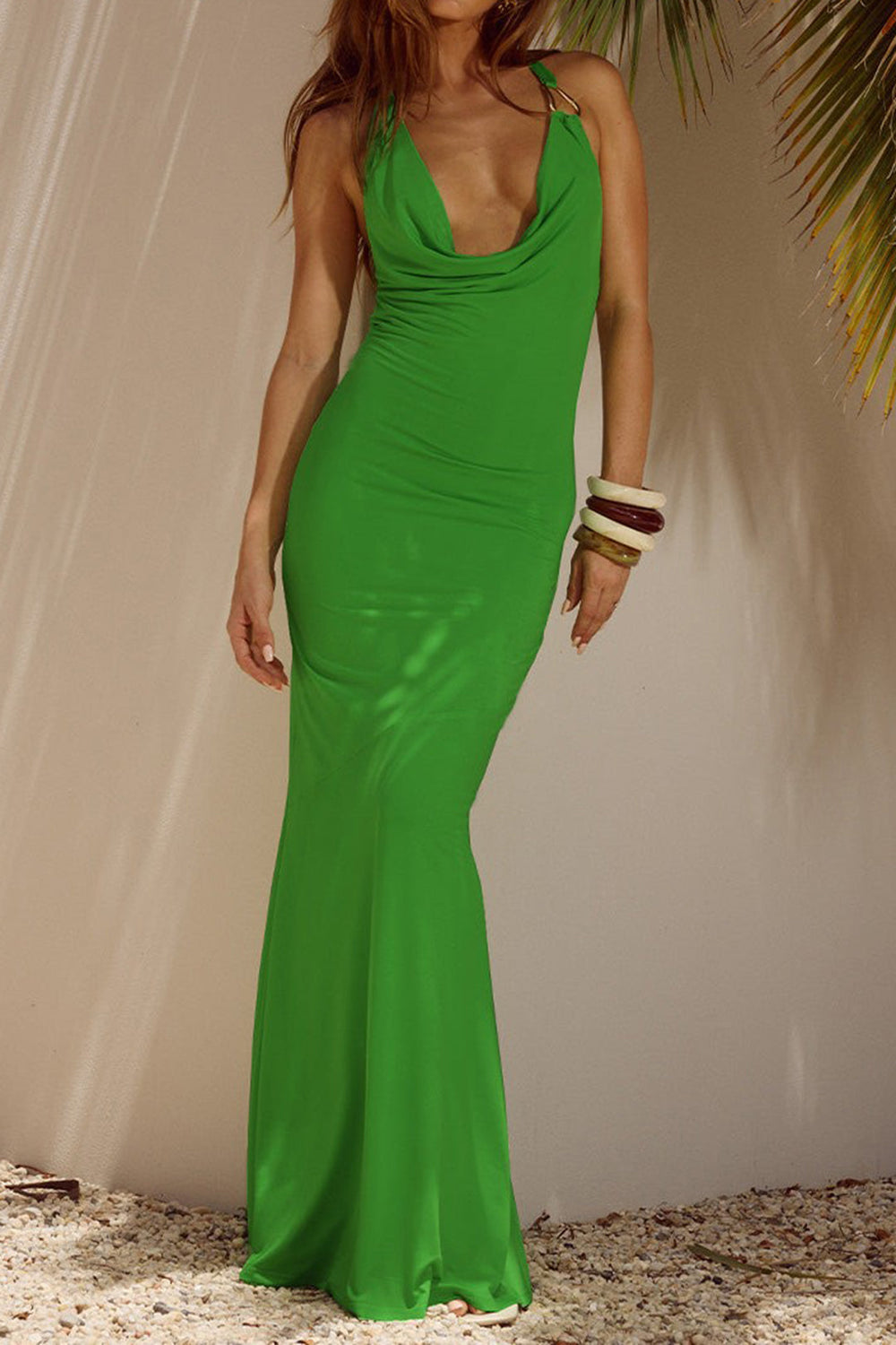 Chiffon Neck Halter Backless Sleeveless Maxi Dress 