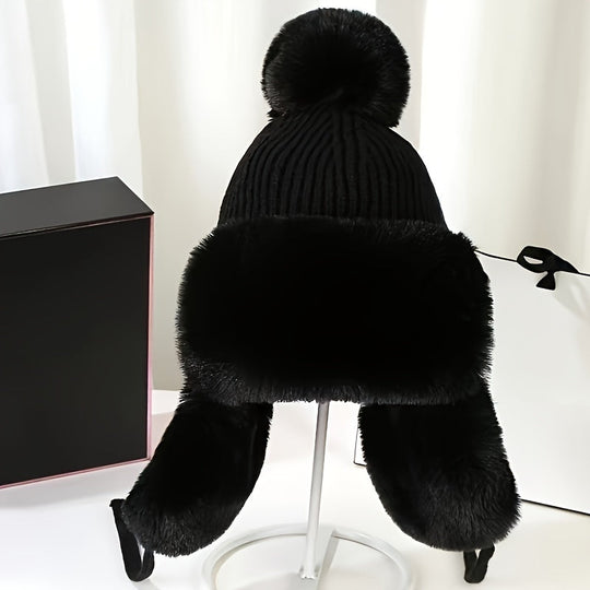 Knitted Aviator Hat with Pompom and Earmuffs for Women | Ideal for Winter