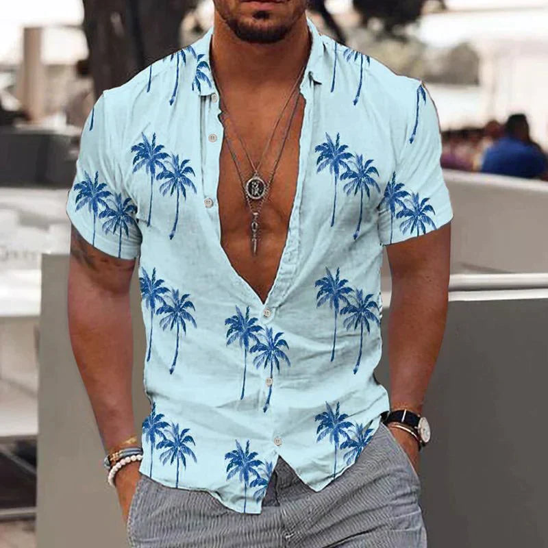 Short-Sleeved Palm-Painted Shirt with Button Closure for Men | Ideal for Summer