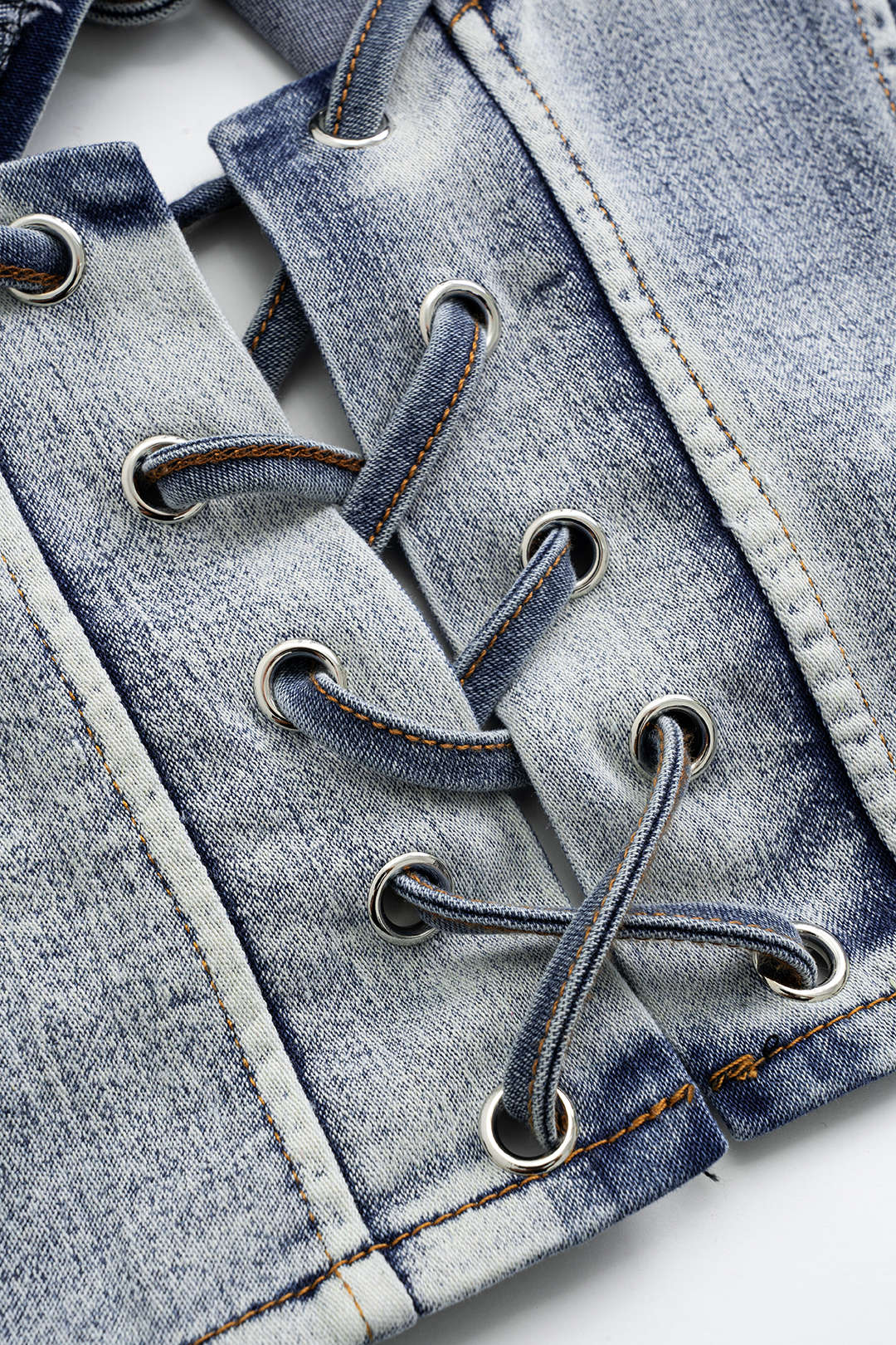 Denim Halter Top with Bow Detail and Mini Skirt Set