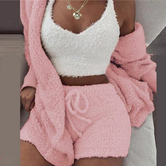 Women's 3-Piece Knitted Set | Hooded Cardigan | Top &amp; Shorts